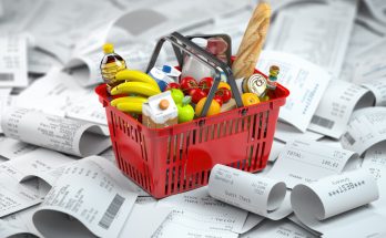 Roter Einkaufskorb mit Lebensmitteln steht auf einem Haufen von langen Kassenbons.