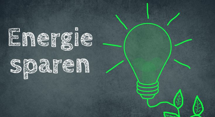 Illustration mit der Aufschrift „Energie sparen“ und einer grünen Glühbirne mit Blattkabel.