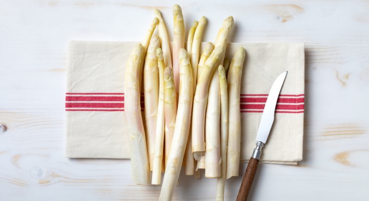 Bund weißer Spargelstangen liegt mit Messer auf einem Geschirrtuch.